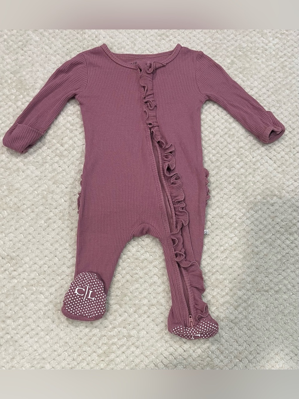 Caden Lane Bamboo Waffle Zipper Ruffle One-Piece Footie in Boysenberry 0-3M